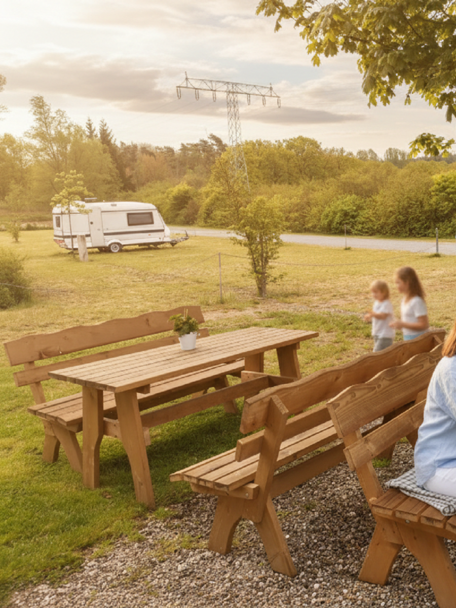 Familie sitzt draußen auf Bänken mit Kindern und Camper im Hintergrund